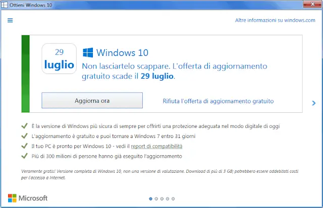 Notifica Ottieni Windows 10 entro il 29 Luglio