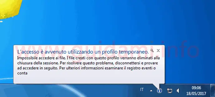 Notifica Windows accesso è avvenuto utilizzando profilo temporaneo