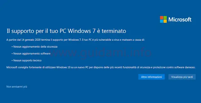 Notifica di fine supporto di Windows 7