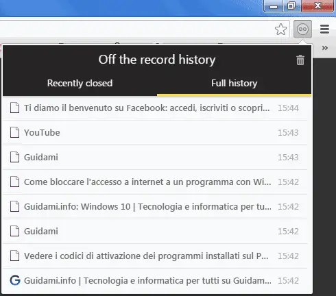 Off The Record History cronologia in incognito di Chrome