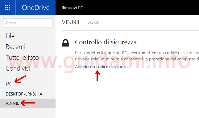 OneDrive web Controllo sicurezza per accesso remoto a PC