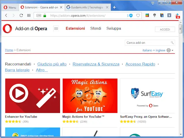 Opera addon schermata iniziale del sito