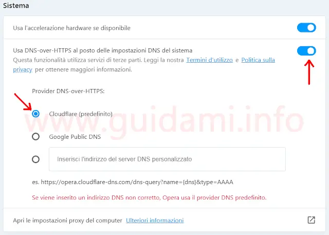 Opera browser Impostazioni Sistema DNS over HTTPS