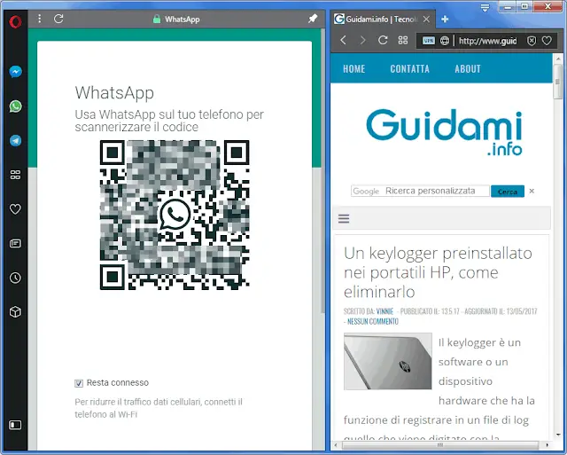 Opera browser con integrato WhatsApp, Messenger e Telegram