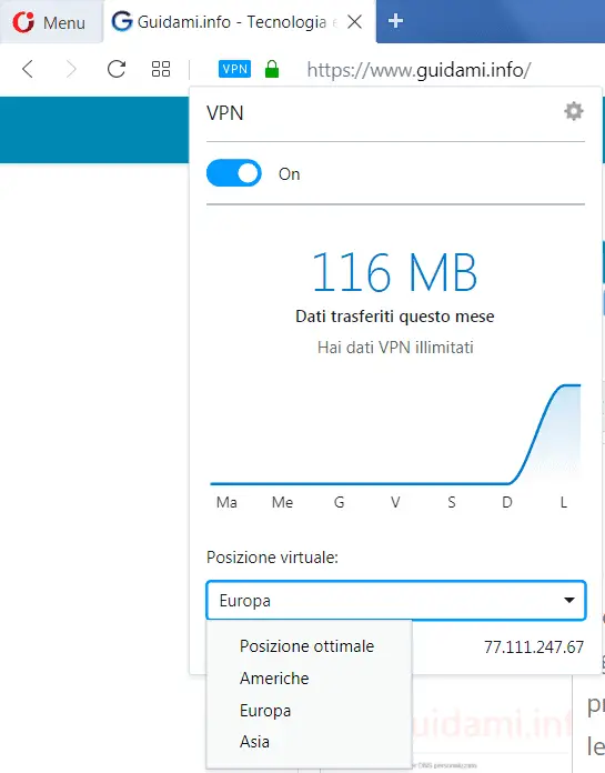 Opera browser menu popup gestione e info VPN