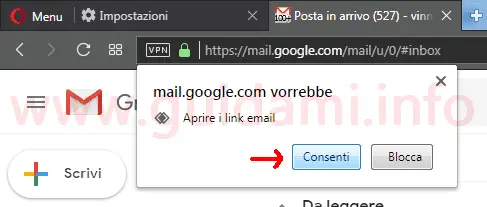 Opera popup aprire i link email