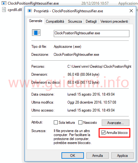 Opzione Annulla blocco finestra proprietà file Windows