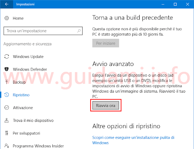 Opzione Avvio avanzato da Impostazioni Windows 10