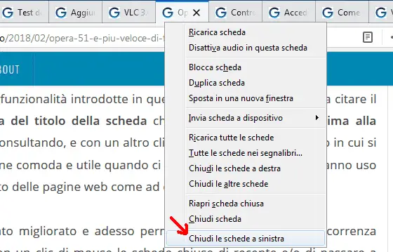 Opzione Chiudi le schede a sinistra menu contestuale Firefox