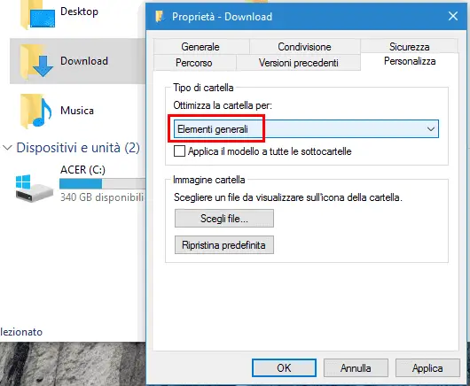 Opzione Elementi generali in Personalizza cartella Windows