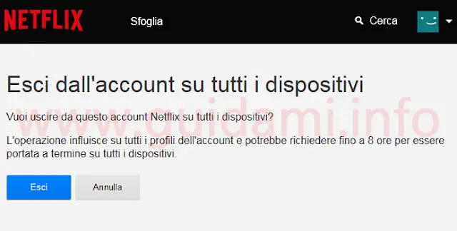 Opzione Netflix per disconnettere l'account su tutti i dispositivi