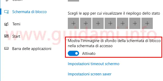 Opzione Windows 10 per usare sfondo schermata di blocco come sofndo schermata di accesso