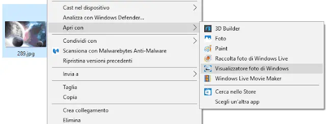 Opzione menu mouse Visualizzatore foto di Windows