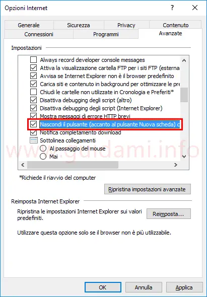 Opzione per nascondere il pulsante Apri Microsoft Edge nella barra schede di Internet Explorer