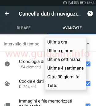 Opzioni Cancella dati di navigazione su Chrome per Android