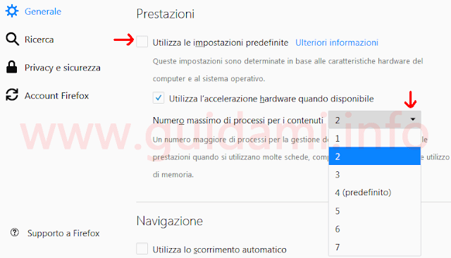 Opzioni Firefox per cambiare numero massimo di processi