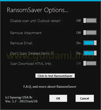 Opzioni dell'addon RansomSaver per Outlook