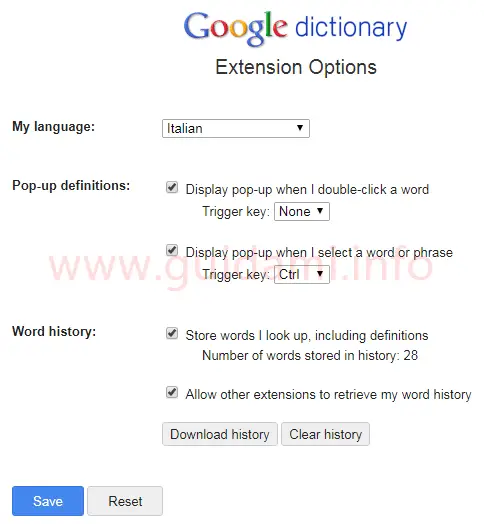 Opzioni estensione Google Dictionary per Chrome