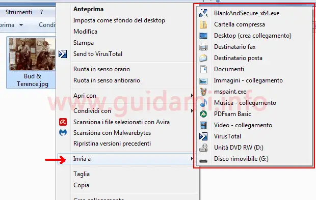 Opzioni menu Invia a del tasto destro del mouse su Windows 7