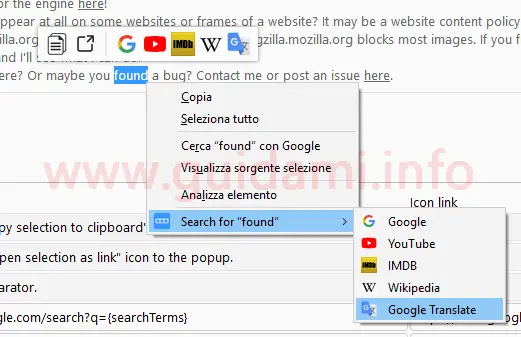 Opzioni ricerca addon Firefox Swift Selection Search