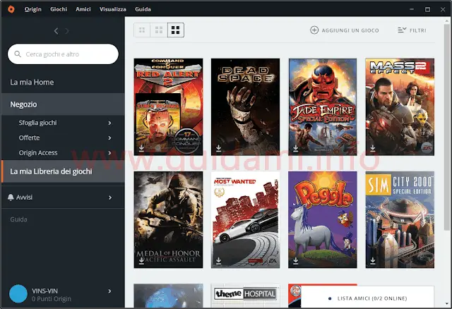 Origin client desktop sezione Libreria dei giochi
