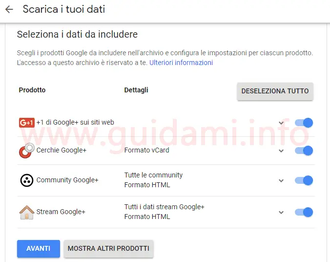 Pagina Google Takeout scarica i tuoi dati Google+