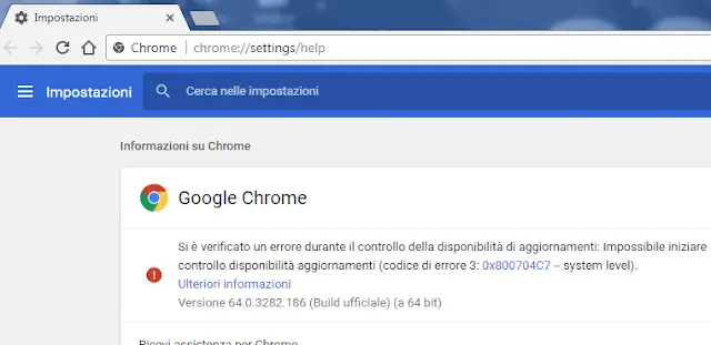 Pagina Informazioni su Chrome errore durante la ricerca aggiornamenti
