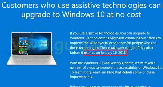 Pagina Microsoft offerta Windows 10 per clienti che usano l'assistive technology
