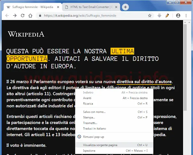 Pagina Wikipedia oscurata e menu contestuale Chrome con opzione Visualizza sorgente pagina