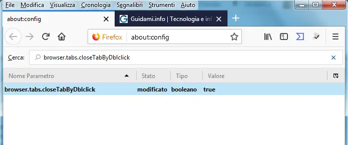 Pagina about config di Firefox stringa browser.tabs.closeTabByDblclick