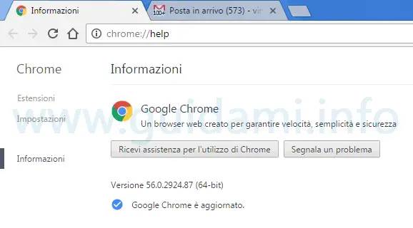 Pagina aggiornamento Google Chrome