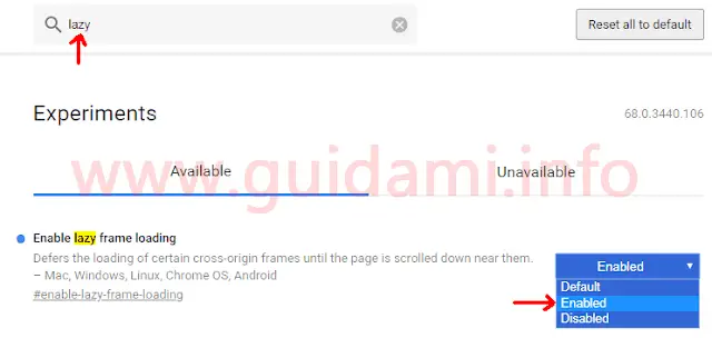 Pagina chrome flags di Google Chrome su esperimento Enable lazy frame e image loading