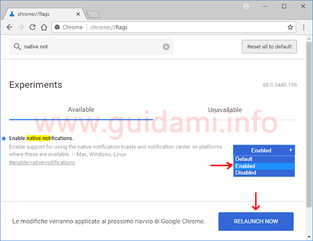 Pagina chrome flags di Google Chrome su esperimento Enable native notifications