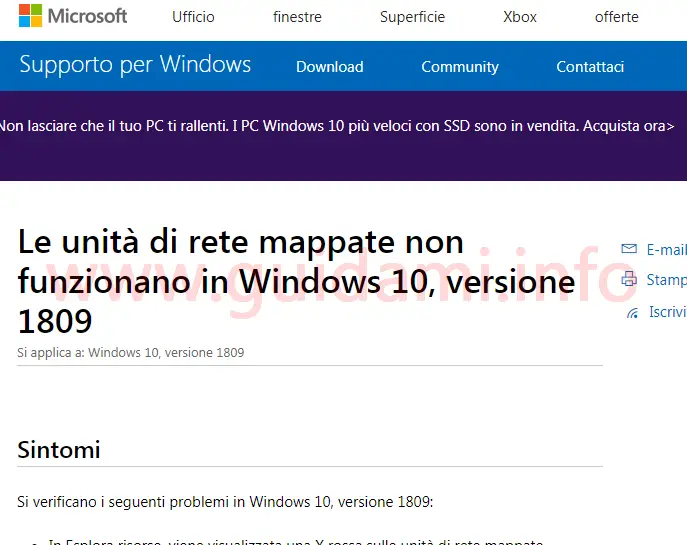 Pagina del sito di Supporto per Windows di Microsoft
