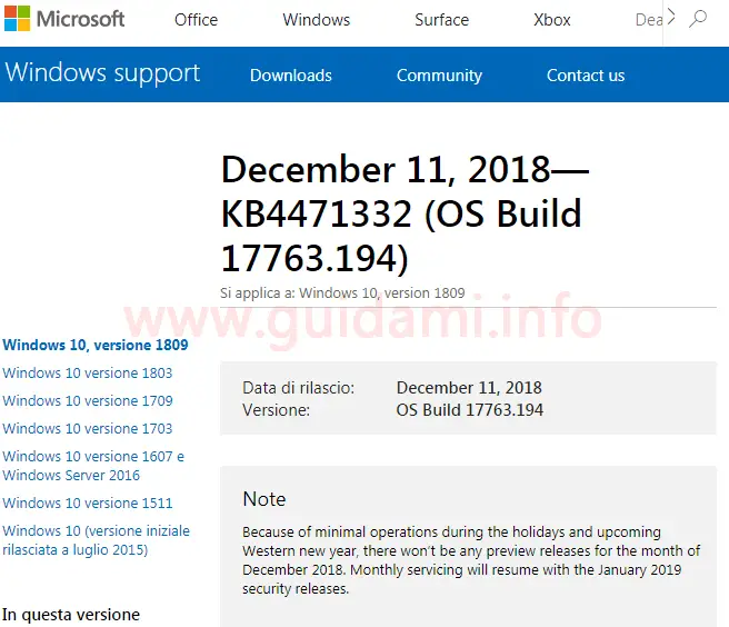 Pagina del sito web Windows support di Microsoft