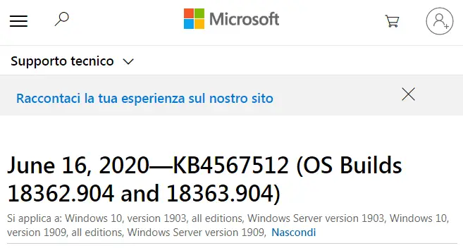 Pagina del supporto tecnico di Microsoft update KB4567512