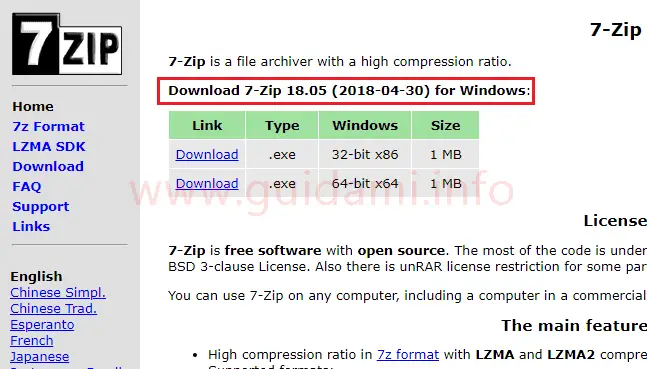 Pagina di download 7-Zip versione 18.05