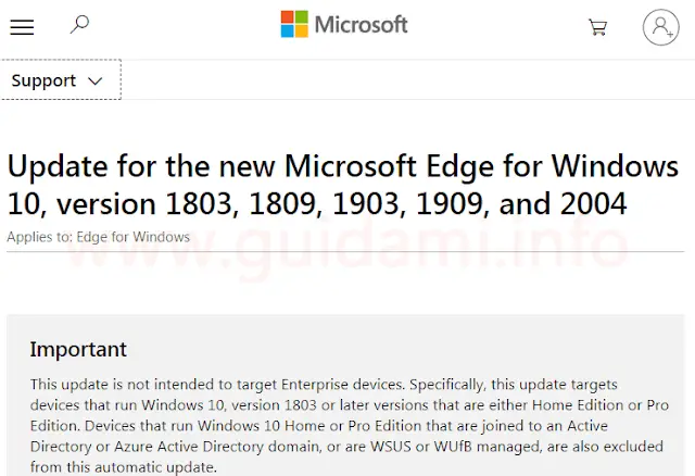 Pagina di supporto update KB4559309 del sito di Microsoft