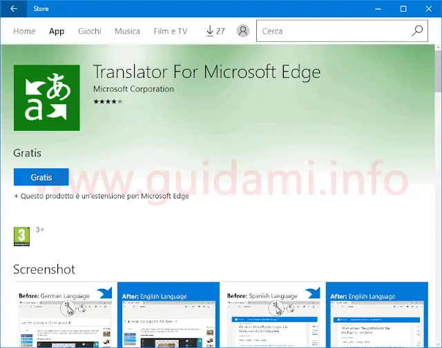 Pagina info e download estensione Microsoft Edge