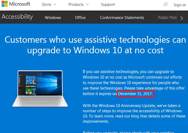 Pagina internet Microsoft di aggiornamento a Windows 10 via tecnologie assistive