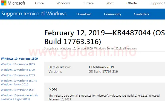 Pagina note di rilascio aggiornamento cumulativo KB4487044 per Windows 10 v1809