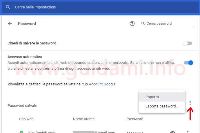 Pagina password salvate Chrome con attivata l'opzione Importa