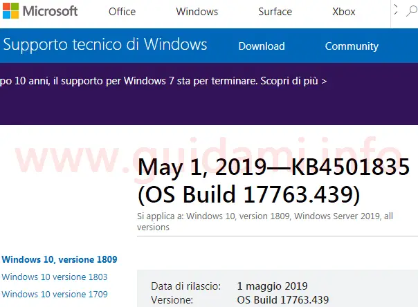 Pagina sito web Microsoft Support aggiornamento KB4501835 per Windows 10 versione 1809