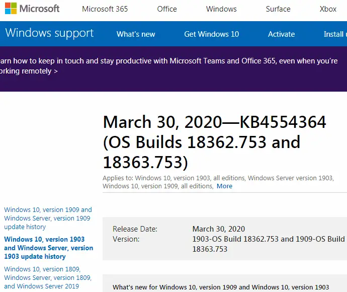 Pagina sito web Supporto di Microsoft Windows update kb4554364