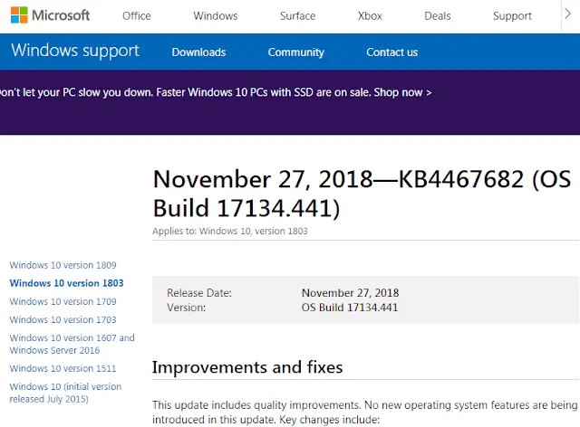 Pagina sito web Windows support di Microsoft