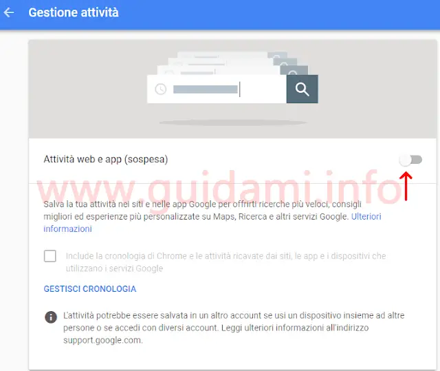 Pagina web Gestione attività Google disattivare Attività web e app