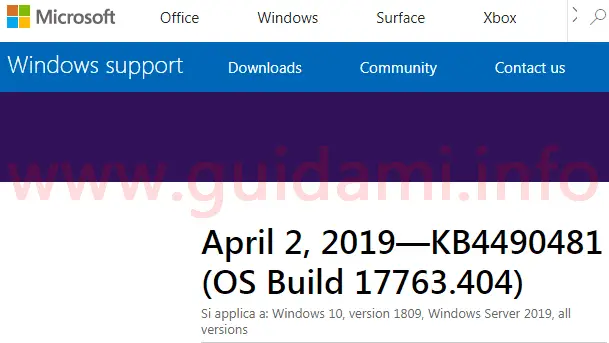 Pagina web del sito di Microsoft support per l'aggiornamento cumulativo KB4490481 
