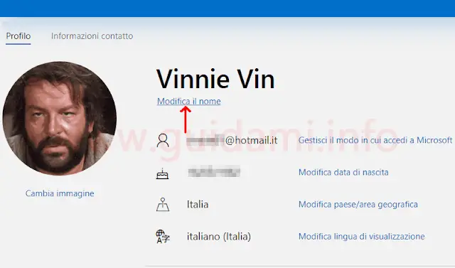 Pagina web modifica nome utente account Microsoft