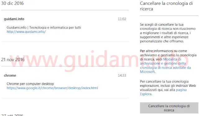 Pagina web per vedere cancellare cronologia da account Microsoft