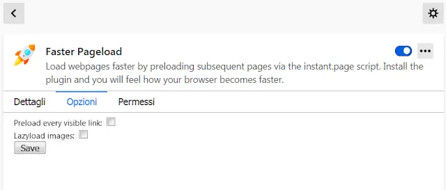 Pagine delle opzioni estensione Faster Pageload per Chrome
